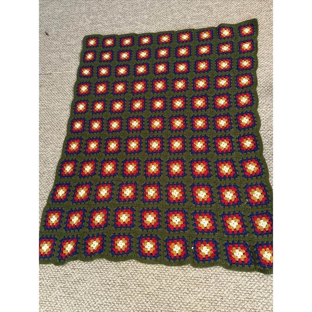 VTG 70s Afghan Hand Crocheted Granny Square Multi-Color Throw Blanket 60x47